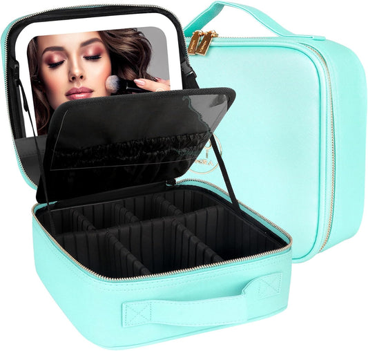 MOMIRA Travel Makeup Bag, Adjustable Brightness in 3 Color Scenarios, 10x Magnifying Glass, Detachable Independent Mirror - Aqua Blue