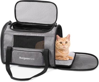 BurgeonNest Cat Carriers for Medium Cats Under 25 lbs, Pet Carrier for Cats with Unique Side Bag,Top Load Small Pet Carrier Soft-Sided Escape Proof with 4 Ventilated Windows