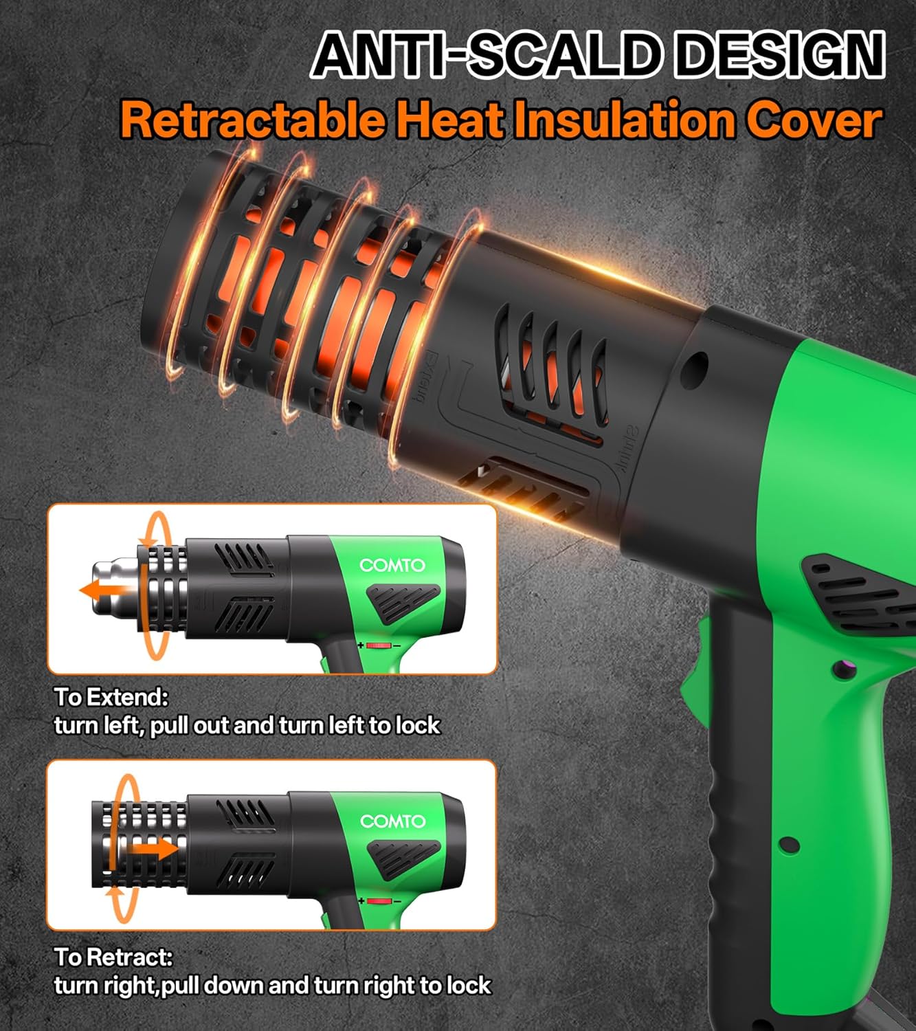 Heat Gun, 1800W Variable Temperature Hot Air Gun with 4 Nozzles | 122°F–1202°F Variable Temperature Control, 4 Metal Nozzles, Retractable Heat Shield, Overheat Protection, PA66 Housing