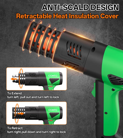 Heat Gun, 1800W Variable Temperature Hot Air Gun with 4 Nozzles | 122°F–1202°F Variable Temperature Control, 4 Metal Nozzles, Retractable Heat Shield, Overheat Protection, PA66 Housing