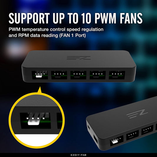 EZDIY-FAB 10 Port PWM Fan Hub,Splitter for 4-Pin & 3-Pin Fans,Only Use One MB Header - PuriLite