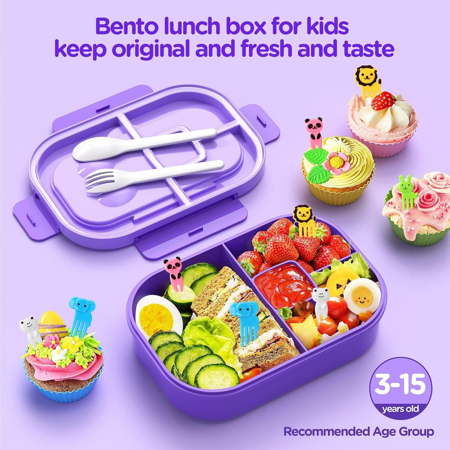 Lunch Box Kids Bento Box - 1300ML Ideal Leak Proof Bento Lunch Box for Kids School Lunchbox for Teens Toddlers Boys, Lunch Box Snack Containers with Utensil (Lunch Box-Purple)