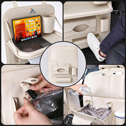 Universal Premium Leather Foldable Car Backseat Organizer with Table Tray, Car Seat Back Protector with Garbage Bag Touch Screen Pad Holder, Car Kick Mats Protector with Tissue Holder (Beige)