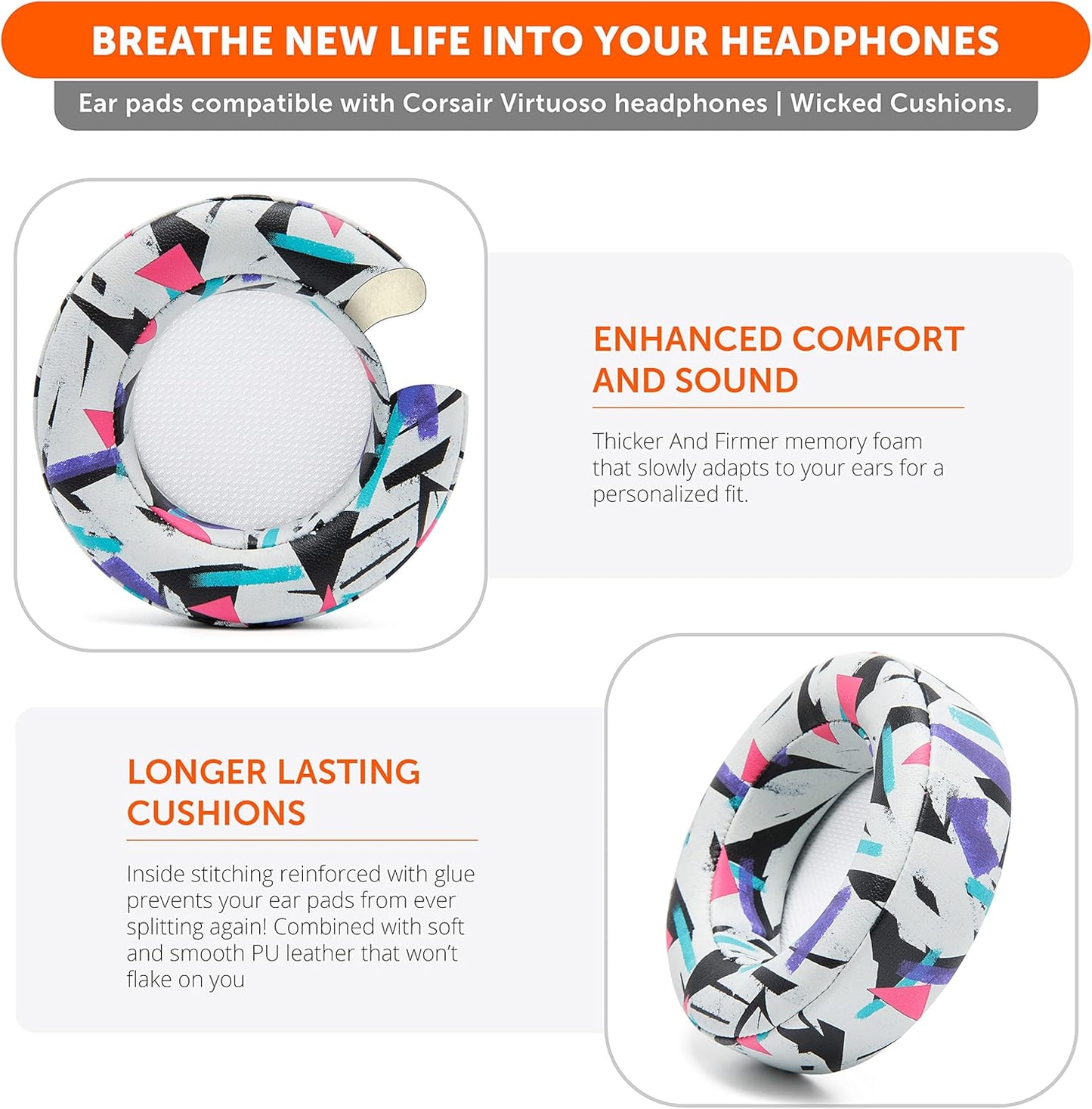 WC Upgraded Replacement Earpads for Corsair Virtuoso RGB Wireless Gaming Headset Made by Wicked Cushions | Improved Durability, Thickness, Softer Leather, and Sound Isolation | (90s White)