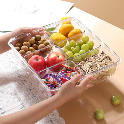 Taiuloo Divided Serving Tray with Lid & Handle, Airtight 4 Compartment Snackle Box Charcuterie Container, Fridge Organizer Bins, Food Storage Container Veggie Tray for Snack, Fruit, Salad, Nut