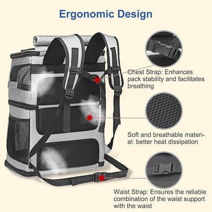 Pet Backpack Carrier Double-Compartment, Portable Pet Cat Carrier Travel for 2 Small Cats or Dogs, Breathable Large Size Cat Carrier Backpack, Perfect for Travel/Hiking/Camping/Walking Outdoor, Grey