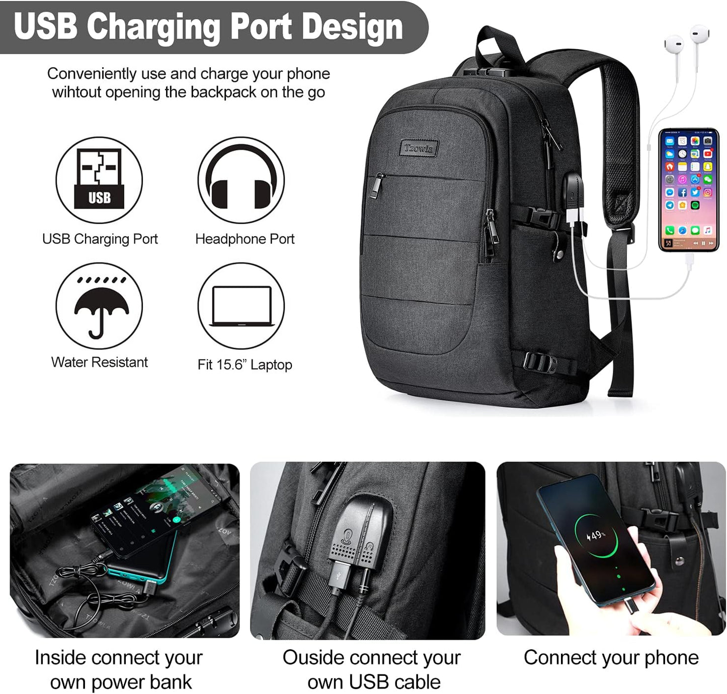 Tzowla Laptop Travel Slim School Backpack Water Resistant Anti-Theft Bag with USB Charging Port and Lock 15.6 Inch Computer Business Backpacks for Men Women College Student Gift,Bookbag Casual Daypack