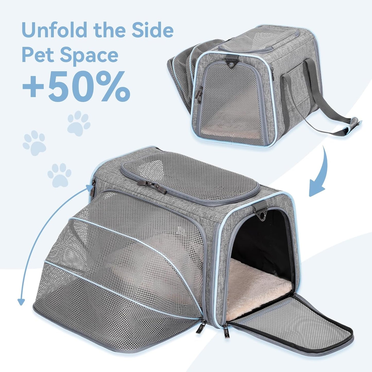 Petsfit Expandable Cat Dog Carrier Airline Approved, 17" L x 11" W x 11" H Soft-Sided Portable Pet Travel Carrier for Kitten, Puppy, Removable Soft Plush Mat and Pockets, Auto-Locking Zippers