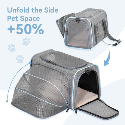 Petsfit Expandable Cat Dog Carrier Airline Approved, 17" L x 11" W x 11" H Soft-Sided Portable Pet Travel Carrier for Kitten, Puppy, Removable Soft Plush Mat and Pockets, Auto-Locking Zippers