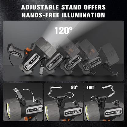 FORTO Rechargeable Spotlight 5000LM, IPX7 Waterproof Flashlight with 5200mAh Long-Lasting Battery, 7 Modes Handheld Light with EVA Case, for Boat, Hunting, Emergency, Outdoor Use