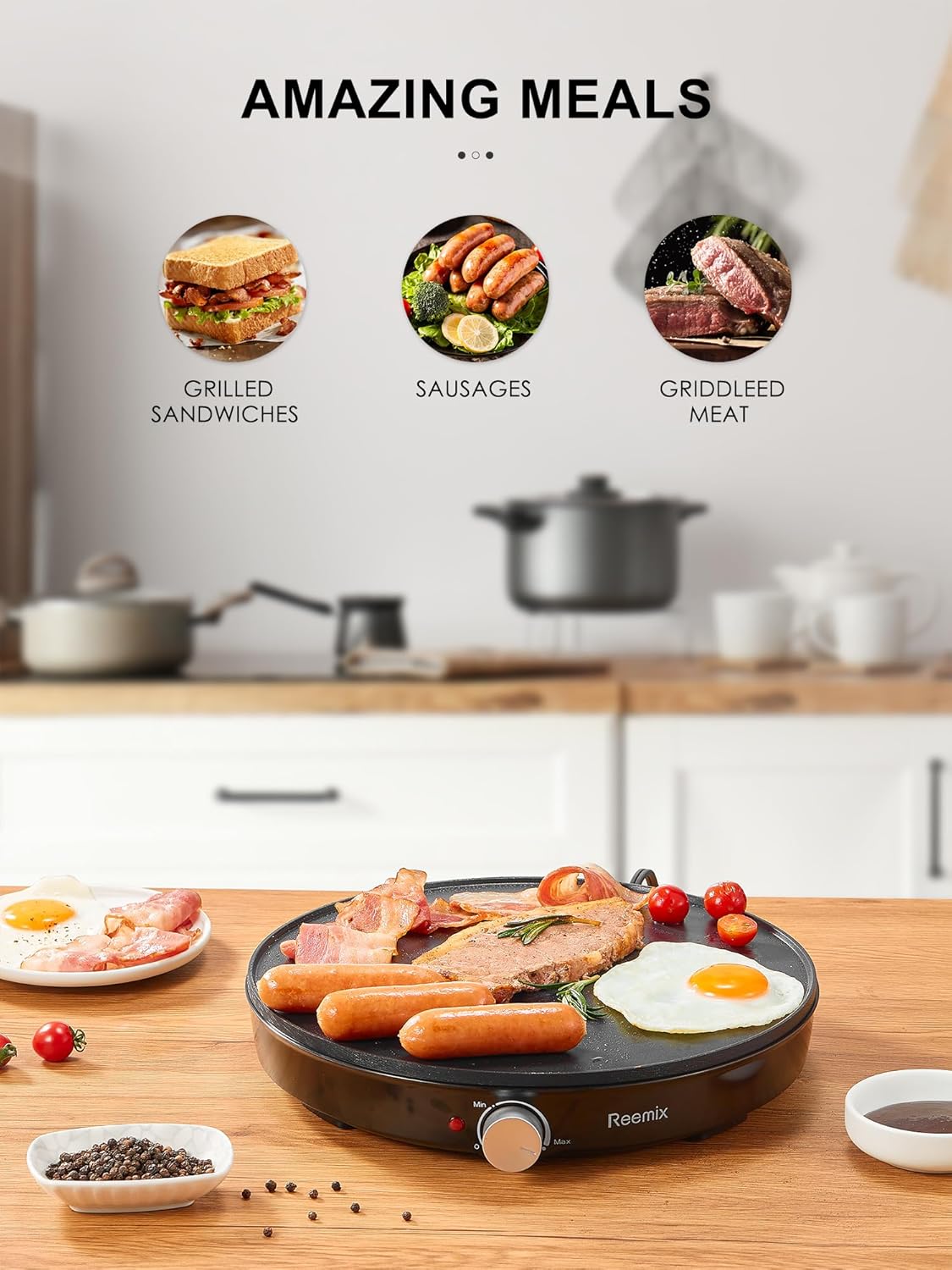 Crepe Maker Machine, Reemix Compact Pancake Griddle Precise Temperature Control, Nonstick 12” Electric Griddle, Batter Spreader for Eggs, Pancakes, Omelets and Quesadillas, Includes Spatula, Spreader