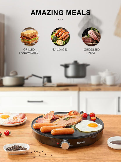 Crepe Maker Machine, Reemix Compact Pancake Griddle Precise Temperature Control, Nonstick 12” Electric Griddle, Batter Spreader for Eggs, Pancakes, Omelets and Quesadillas, Includes Spatula, Spreader