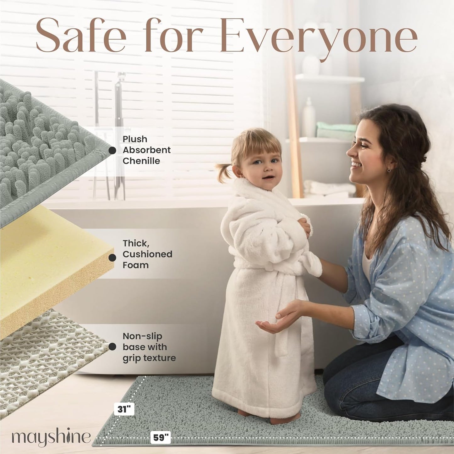 Soft Plush Chenille Bathroom Rug, Absorbent Microfiber Bath Mat, Machine Washable, Non-Slip Grip, Quick-Dry, Thick Shag Carpet Great for Bath, Shower Floor, Bedroom, or Door Mat (Beige, 17x24)