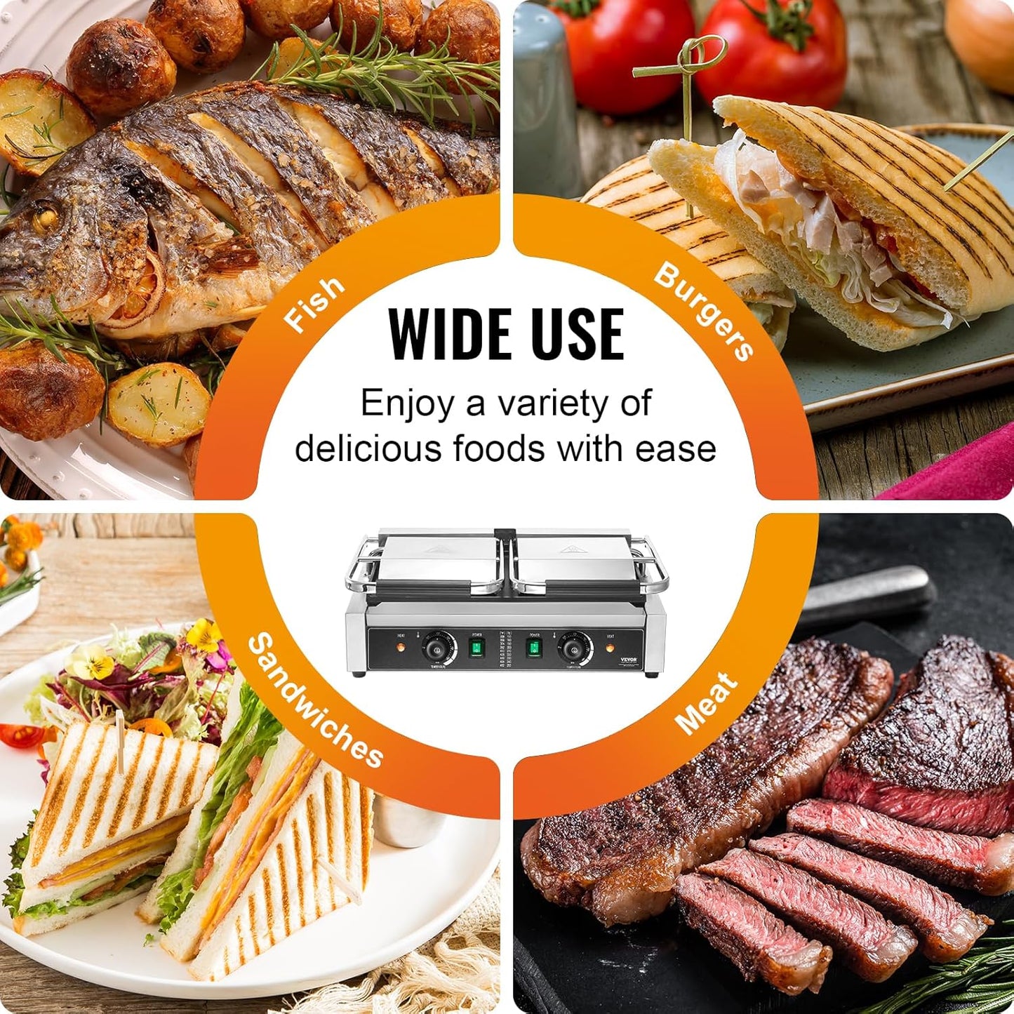 VEVOR 7 IN 1 Electric Contact Grill,1800W Indoor Panini Press Griddle,Stainless Steel Teppanyaki Grill with Nonstick&Removable Iron Plate, 0-446℉ Adjustable Temp Control,LCD Display,110V