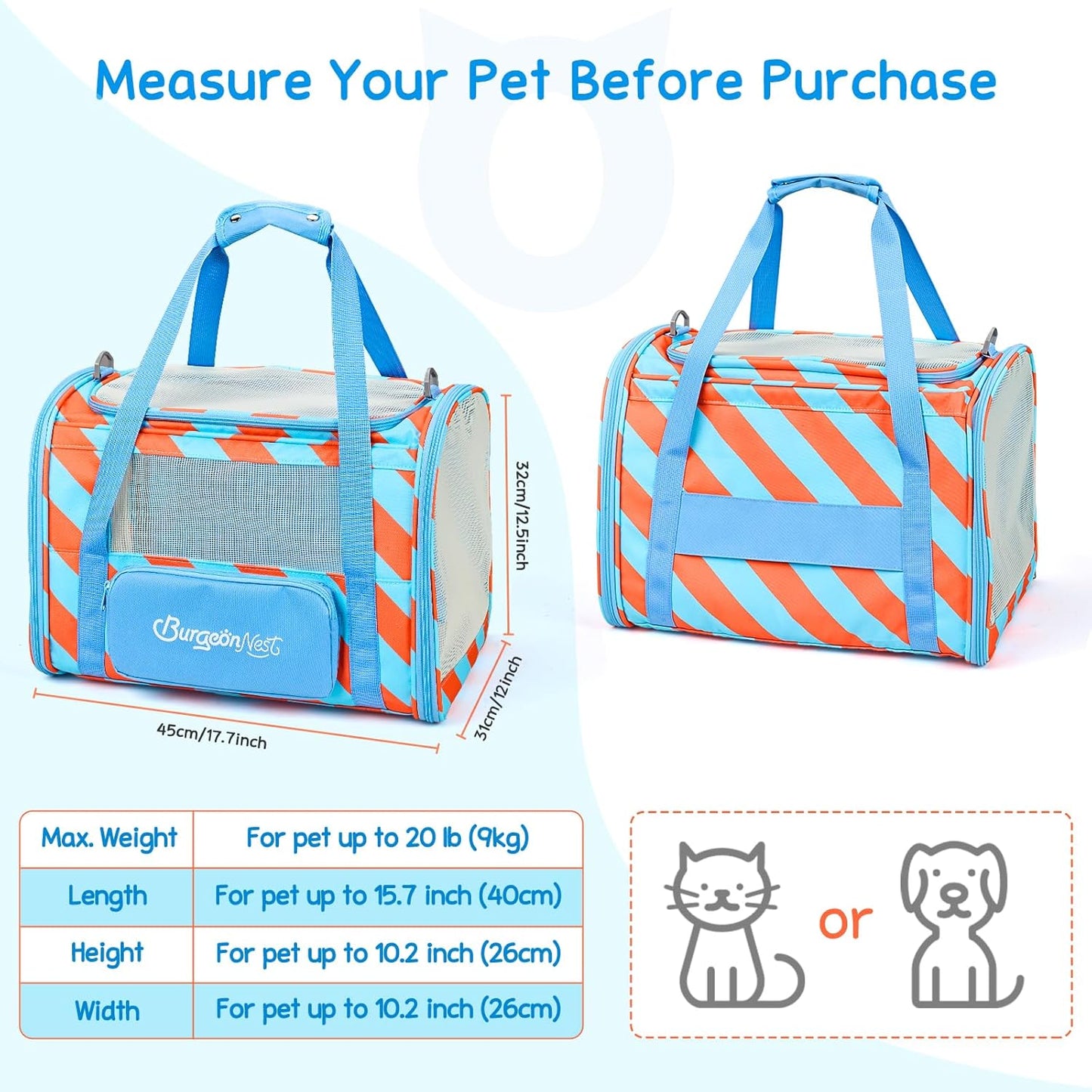 BurgeonNest Cat Carriers for Medium Cats Under 25 lbs, Pet Carrier for Cats with Unique Side Bag,Top Load Small Pet Carrier Soft-Sided Escape Proof with 4 Ventilated Windows
