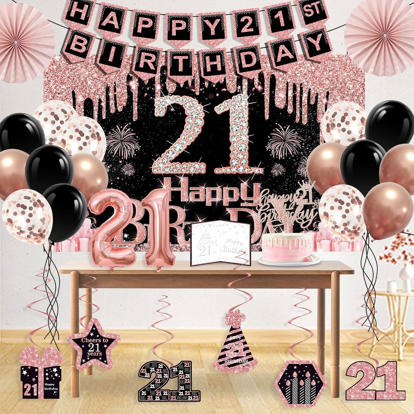 40th Birthday Decorations for Women,32pcs 40th Birthday Party Decorations,Including Backdrop, Crown,Sash,banner, Hanging Swirl,Cake Topper,balloons,Paper Fans,Anniversary Card and paper fans