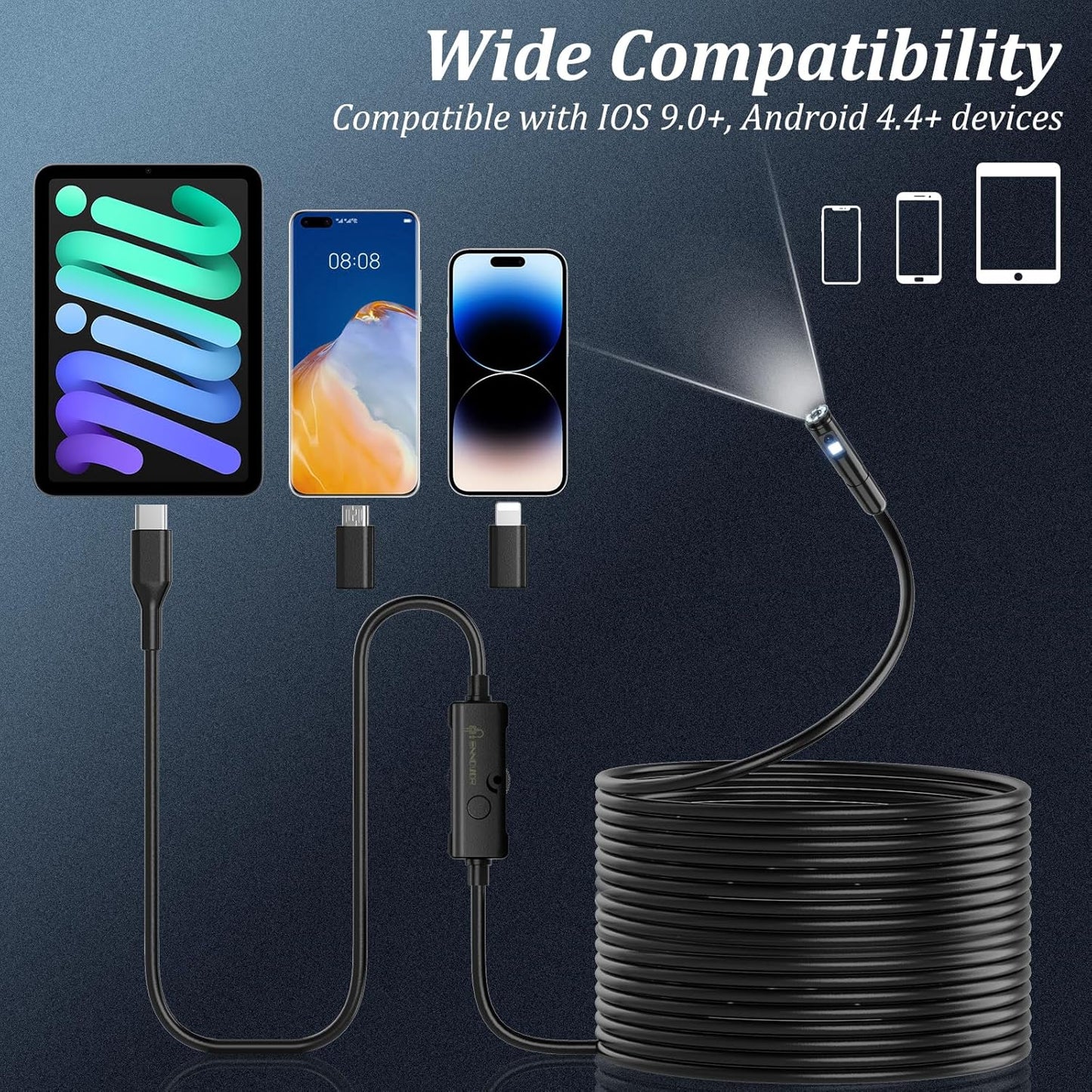 Endoscope Camera with Light, Ennovor 1920P HD, Endoscope Inspection with 8 Adjustable LED Lights, Borescope with Flexible Rigid Snake Camera, IP67 Waterproof and No WiFi Required, for Android iOS