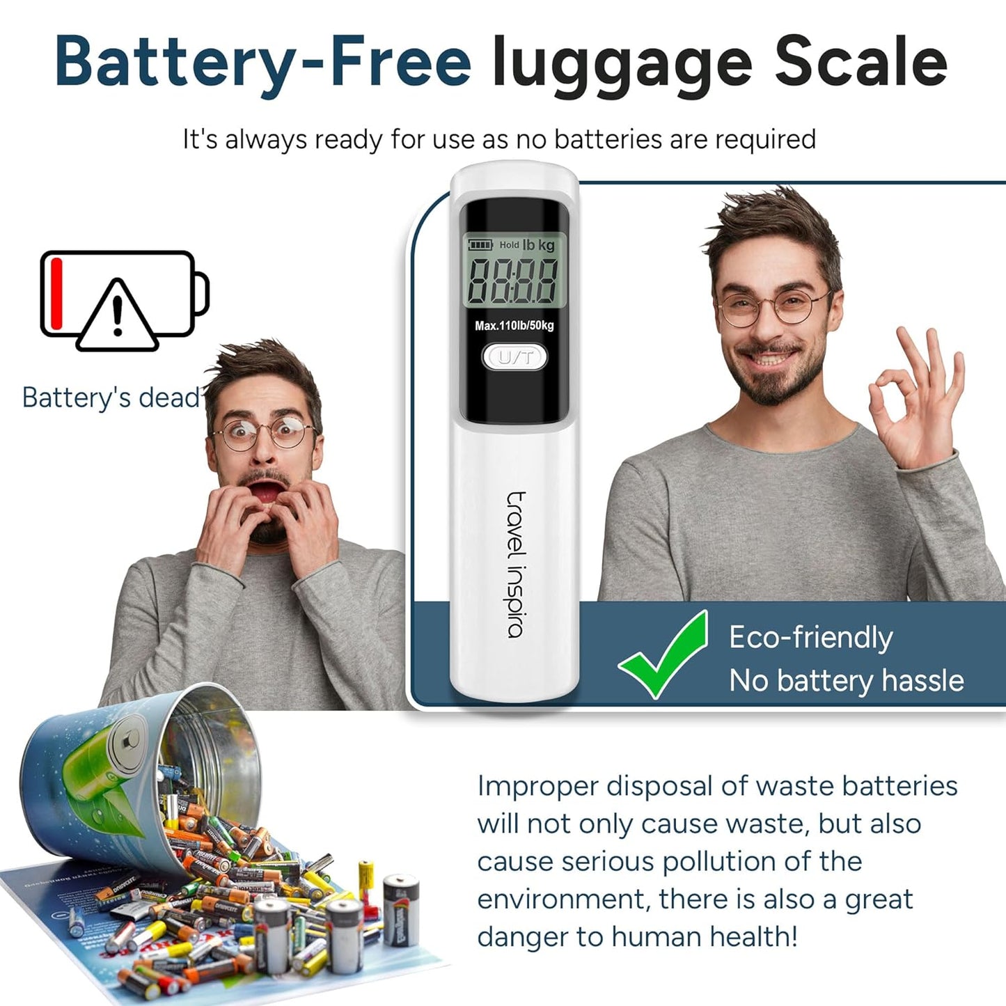 travel inspira Luggage Scale Battery-Free, Travel Essentials, Portable Handheld Digital Suitcase Weight Scale for for Travel Accessories, 110lbs/50kg