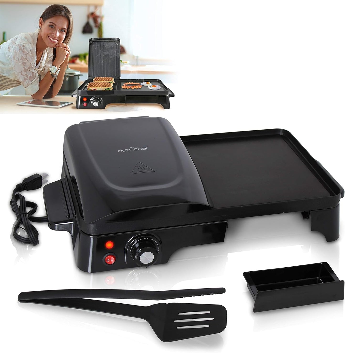 NutriChef Electric Griddle - Dual Hot Plate Cooktop Crepe Maker with Press Grill, Nonstick Coating, Rotary Temperature Control, Plug-in Operation & Oil Tray for Kitchen & Countertop (PKGRIL43)