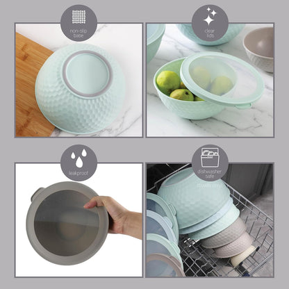 COOK WITH COLOR Mixing Bowls with TPR Lids - 12 Piece Plastic Nesting Bowls Set Includes 6 Prep Bowls and 6 Lids, Microwave Safe Mixing Bowl Set (Mint)