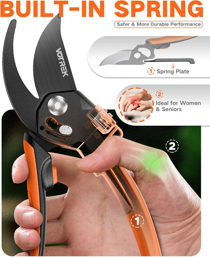 VOTREK Pruning Shears - 8.5" Heavy Duty Bypass Pruners for Gardening with Built-in Spring & SK5 Steel Blades - Ergonomic Adjustable Handle for All Hand Sizes, Garden Clipper Plant Scissors for Branch