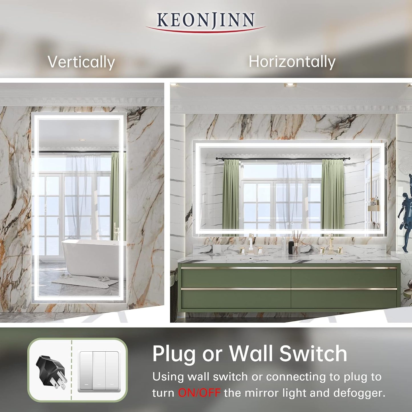 Keonjinn 40 x 24 Inch LED Mirror, Bathroom Mirror with Lights, LED Vanity Mirror, Wall Mounted Anti-Fog Dimmable Lighted Makeup Mirror for Bedroom, IP54 Waterproof (Horizontal/Vertical)