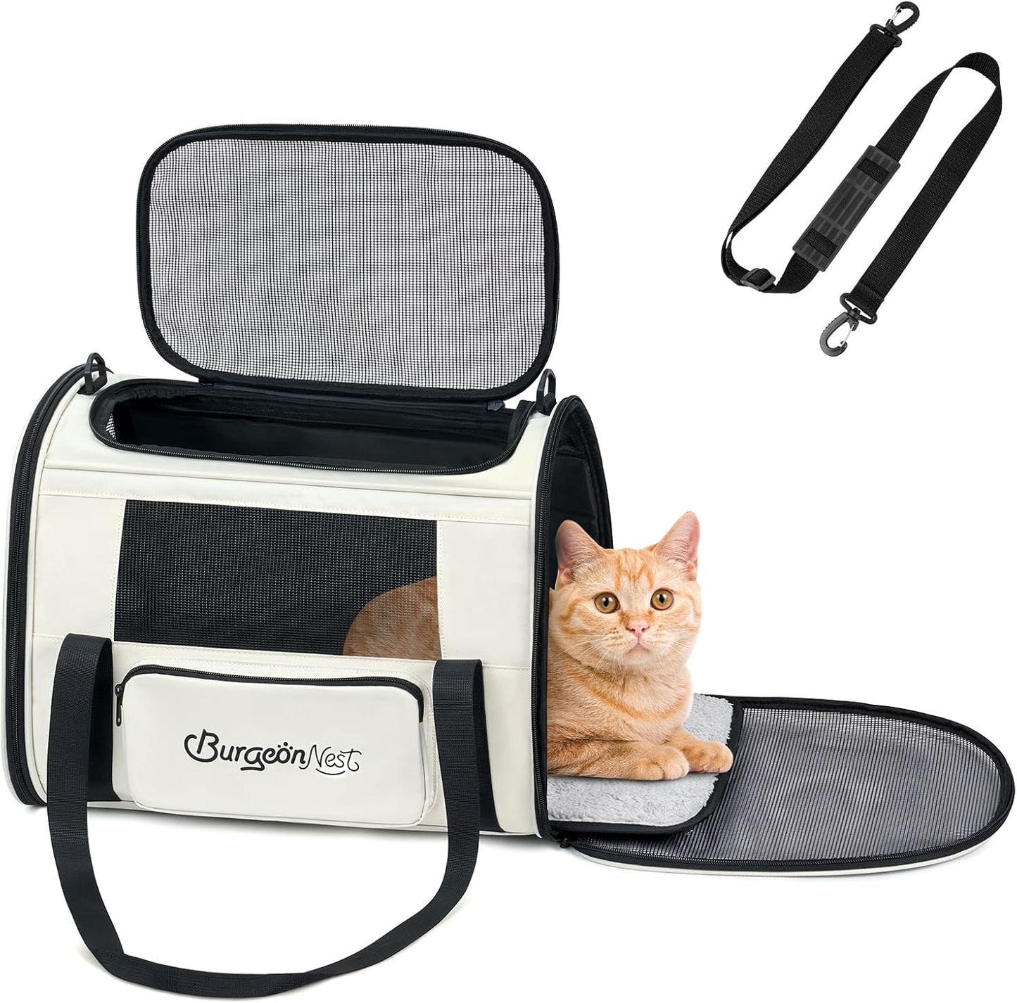 BurgeonNest Cat Carriers for Medium Cats Under 25 lbs, Pet Carrier for Cats with Unique Side Bag,Top Load Small Pet Carrier Soft-Sided Escape Proof with 4 Ventilated Windows