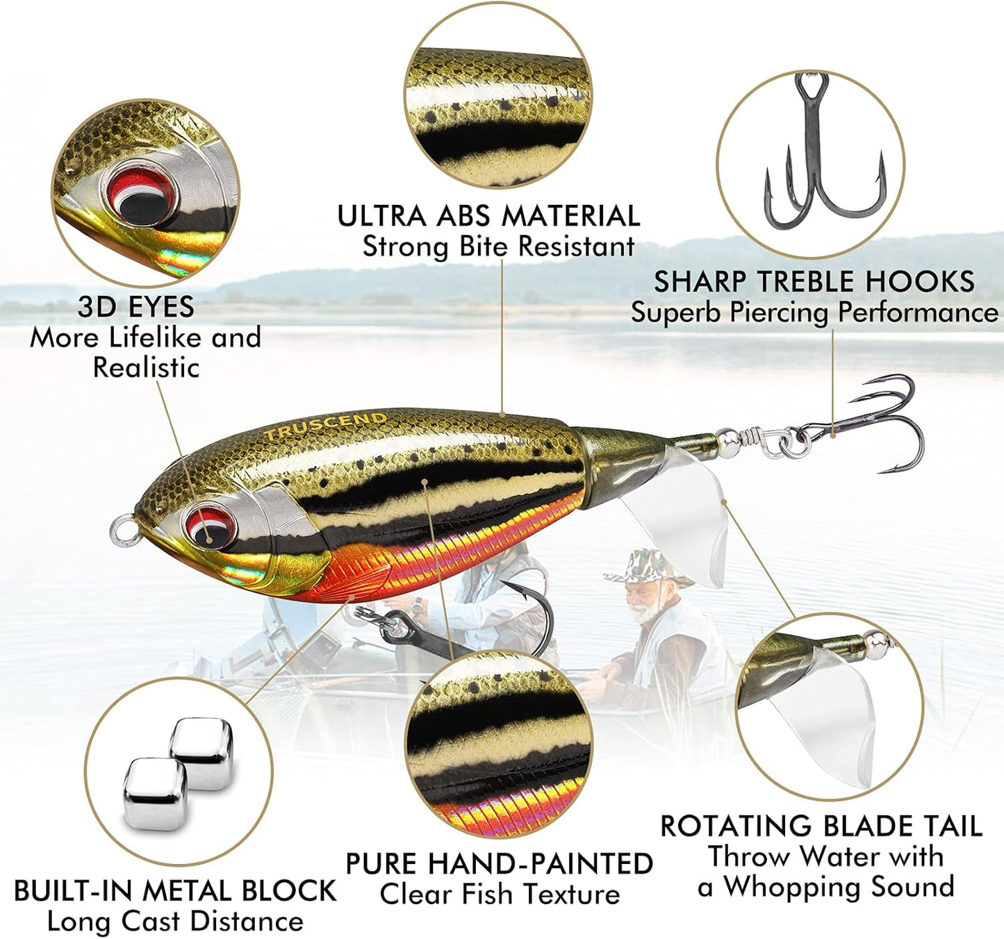 TRUSCEND PoPobait with BKK Hooks, Top Water Plopper Fishing Lures for Bass Walleye Pike Catfish Musky Perch, Floating Lure for Freshwater or Saltwater, Amazing Teasers Fishing Gifts for Family Fishing