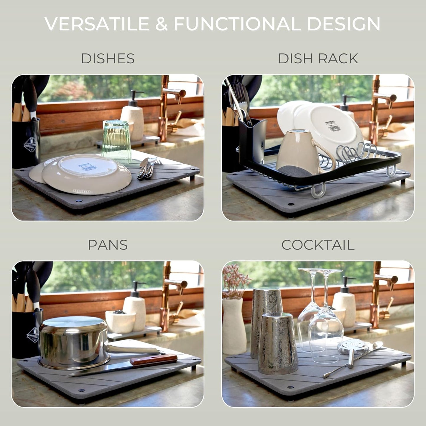 Natureva Home - Stone Dish Drying Mat | Super Absorbent, Quick Dry | Diatomite Mats for Kitchen Counter | Made of Natural Diatomaceous Earth | Absorbing Water Instantly | Design Tide | Colour Graphite