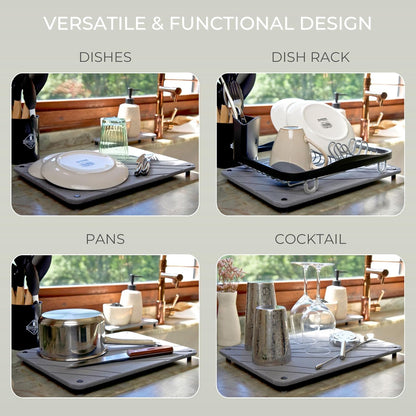 Natureva Home - Stone Dish Drying Mat | Super Absorbent, Quick Dry | Diatomite Mats for Kitchen Counter | Made of Natural Diatomaceous Earth | Absorbing Water Instantly | Design Tide | Colour Graphite