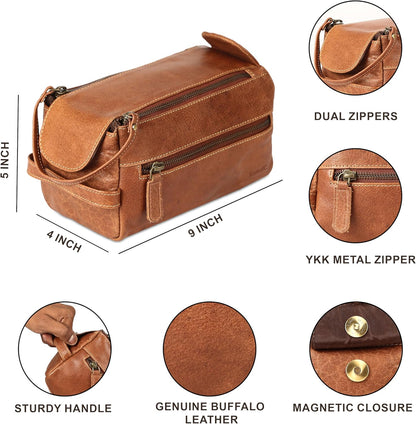 Premium Buffalo Leather Unisex Toiletry Bag Travel Dopp Kit Shaving kit (Distressed Tan)
