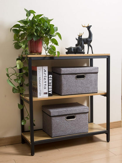 PRANDOM Large Foldable Storage Bin with Lid [1-Pack] Linen Fabric Decorative Storage Box Organizer Containers Basket Cube with Handles Divider for Bedroom Closet Office Living Room (17.7x11.8x11.8")