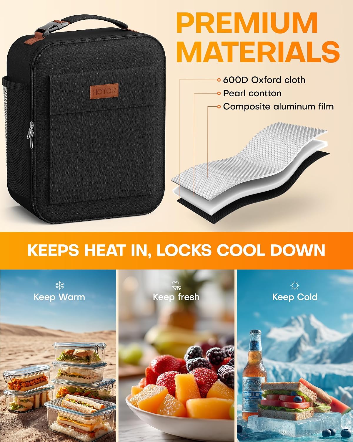 HOTOR Insulated Lunch Bag for Women Men Cooler Lunch Box, Black