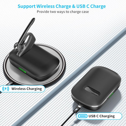 Wireless Headset Bluetooth Earpiece with Dual Noise Canceling Microphone Hands Free Headphones Single Ear Earphone Over Ear Earbud for iPhone Samsung Android Cellphones TV PC Trucker Game Work