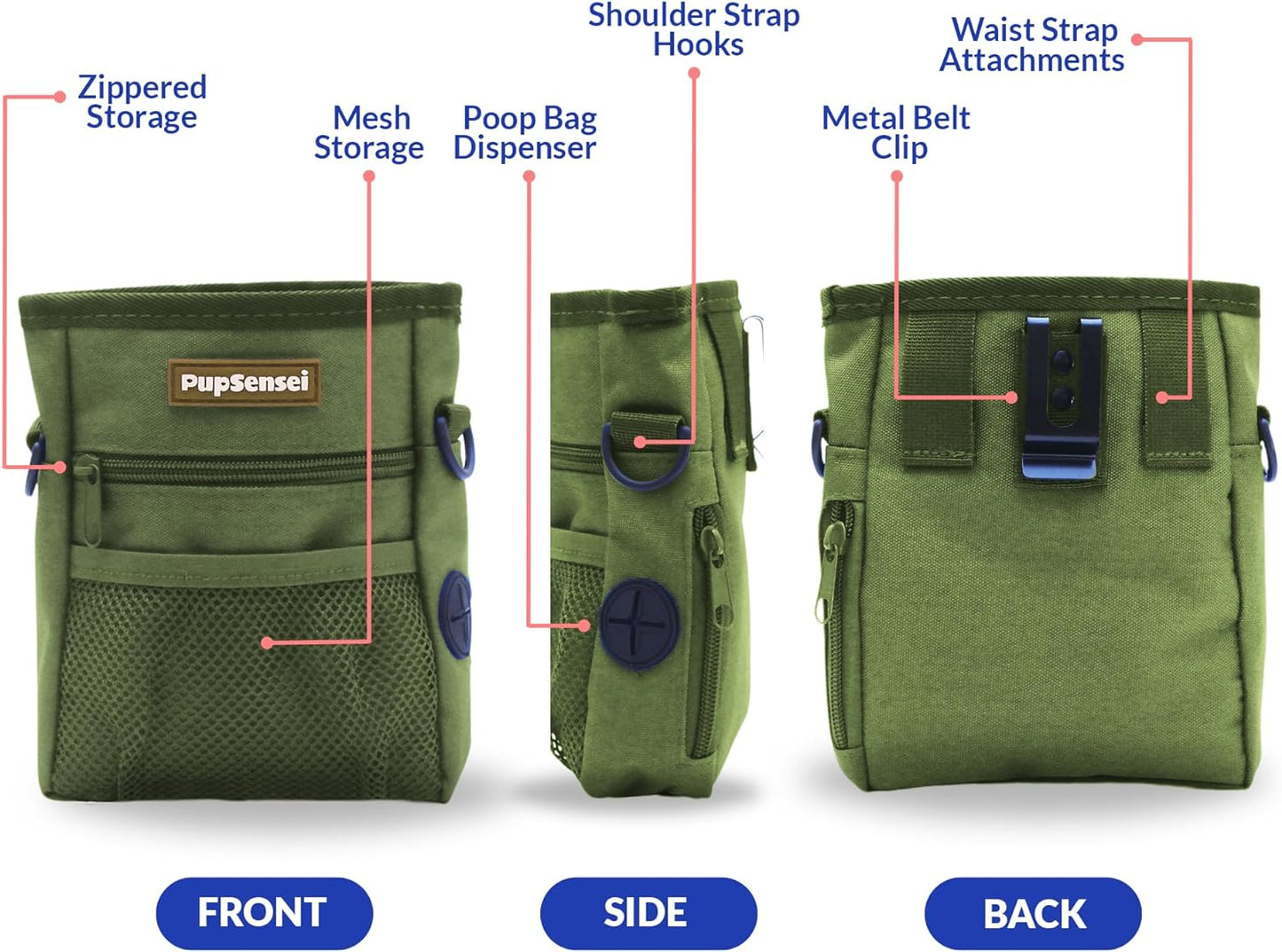 PupSensei Dog Treat Pouch, Durable Oxford Polyester, No-Spill Magnetic Closure, Treat Pouches for Pet Training with Metal Clip, Waist Belt, Adjustable Strap, Poop Bag Dispenser (Army Green)