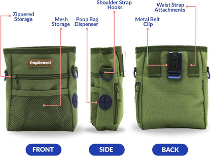 PupSensei Dog Treat Pouch, Durable Oxford Polyester, No-Spill Magnetic Closure, Treat Pouches for Pet Training with Metal Clip, Waist Belt, Adjustable Strap, Poop Bag Dispenser (Army Green)