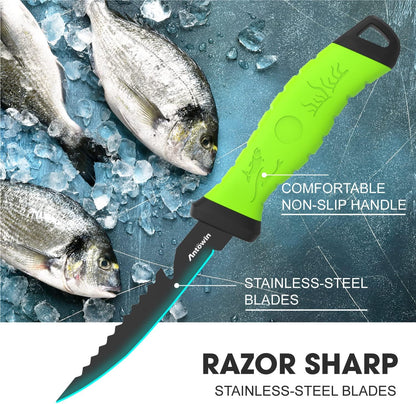 8 Inch Fishing Fillet Knife, Professional Level Knives for Filleting Fish and Boning Meat, Sharp Stainless-Steel Non-Stick Coating Blade, Non-Slip Handles, with 1 Two Stage Knife Sharpener