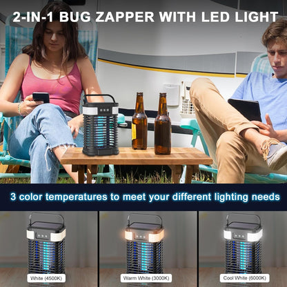 Mosquito Zapper, Solar Bug Zapper 4200V Cordless & Rechargeable Bug Zapper Outdoor with LED Light, Portable Waterproof Electric Fly Zapper with Hook, for Patio Camping Backyard Garden