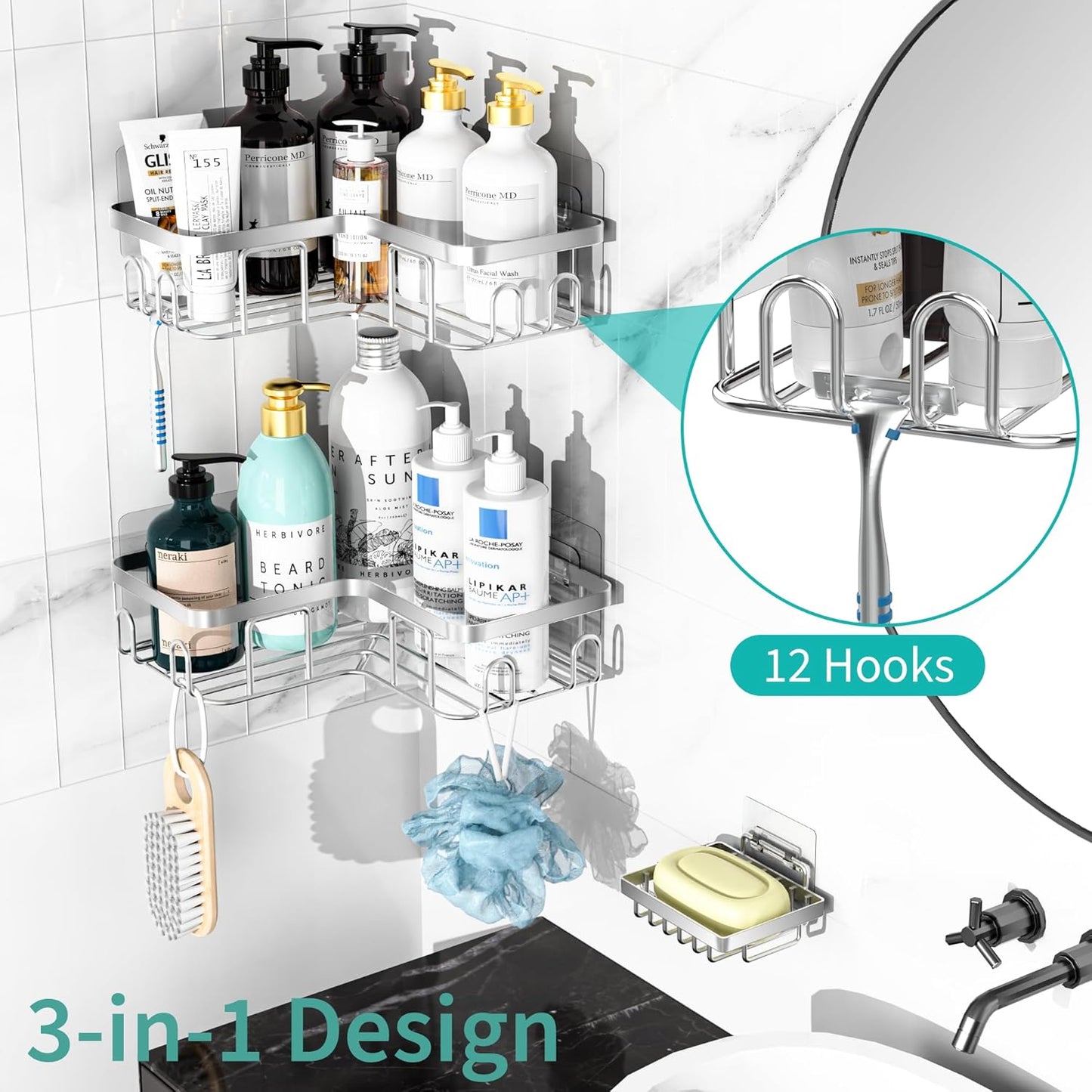 MOFOROCO 3-Pack Shower Caddy Corner Basket Shelf with Soap Holder, No Drilling Traceless Adhesive Shower Wall Shelves, Black Bathroom Shower Storage Organizer（ for 90-Degree Right-Angle Walls）