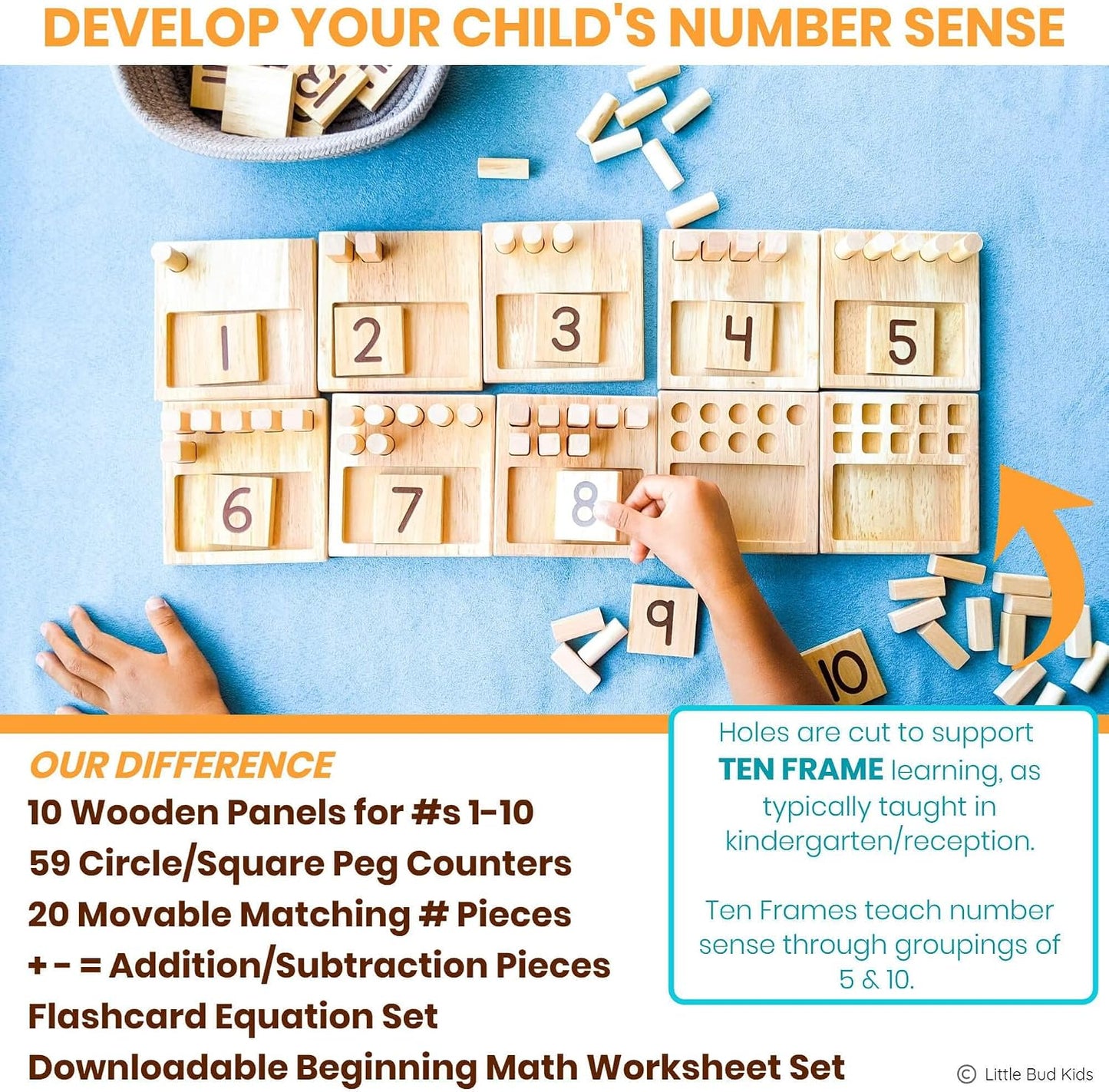 LITTLE BUD KIDS Counting Pegs Ten Frame Math Game - Number Peg Boards with Addition & Subtraction Flash Cards, A Number Learning Resources Toddler Math Puzzle & Kindergarten Montessori Toy
