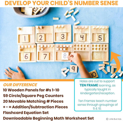 LITTLE BUD KIDS Counting Pegs Ten Frame Math Game - Number Peg Boards with Addition & Subtraction Flash Cards, A Number Learning Resources Toddler Math Puzzle & Kindergarten Montessori Toy