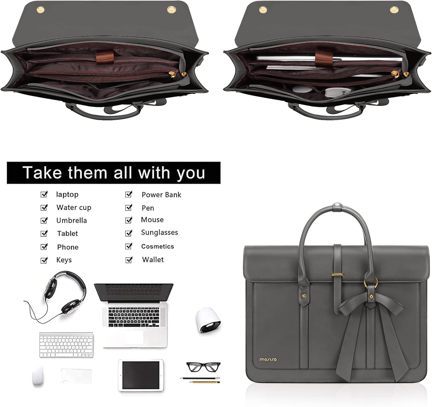 MOSISO Laptop Bag for Women, PU Leather Laptop Shoulder Bag Convertible Backpack, Work Travel Computer Bag with Bowknot - PuriLite