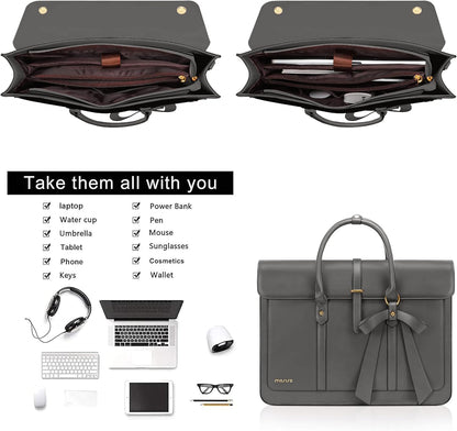 MOSISO Laptop Bag for Women, PU Leather Laptop Shoulder Bag Convertible Backpack, Work Travel Computer Bag with Bowknot - PuriLite