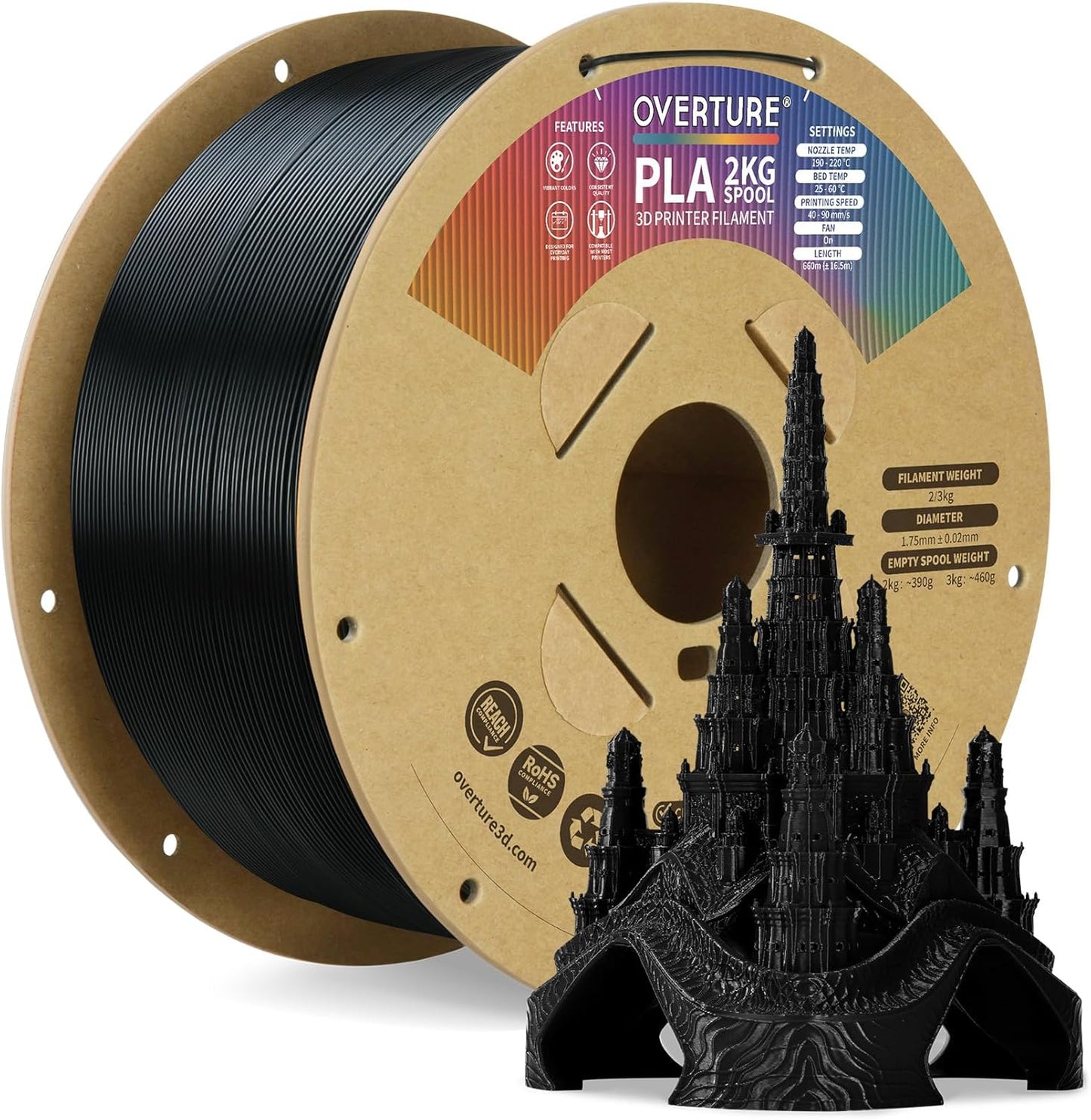 OVERTURE PLA Filament 1.75mm PLA 3D Printer Filament, 1kg Cardboard Spool (2.2lbs), Dimensional Accuracy +/- 0.02mm, Fit Most FDM Printer (Black 1-Pack)