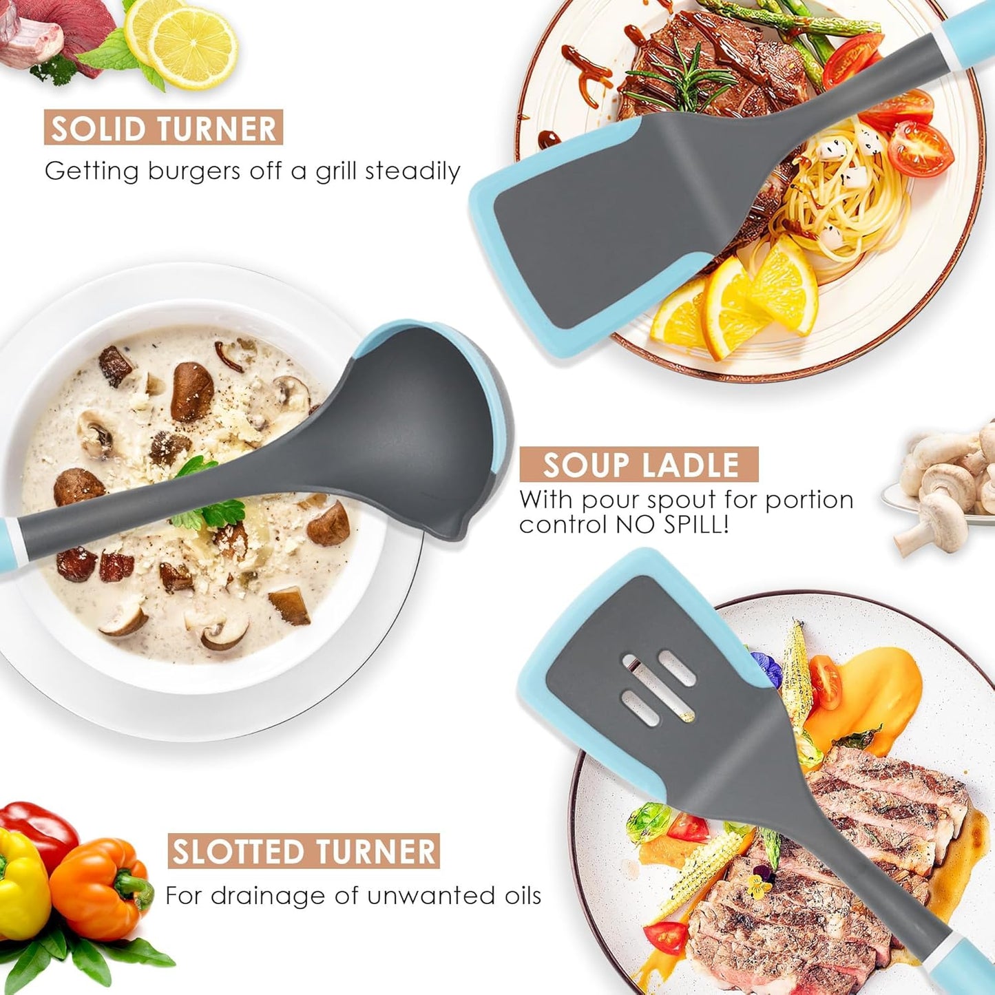 Kitchen Cooking Utensils Set | Silicone Utensils for Cooking | Non Stick Spatula Set | Rotating Utensil Stand | Heat Resistant Kitchen Gadgets - PuriLite