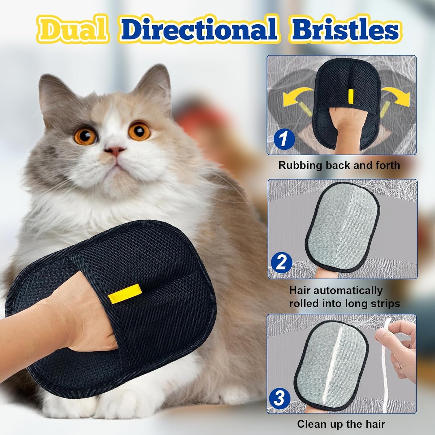 2 Pack Pet Hair Removal Gloves,Double Sided Cat Grooming Glove,Static Removal Gloves for Dogs & Cats,Reusable Deshedding Pet Glove for Furniture,Bed,Carpet,Clothes,Sofa