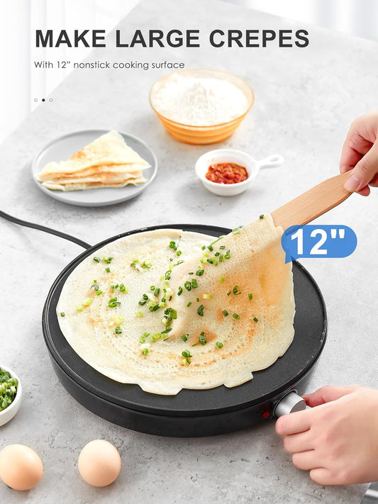 Crepe Maker Machine, Reemix Compact Pancake Griddle Precise Temperature Control, Nonstick 12” Electric Griddle, Batter Spreader for Eggs, Pancakes, Omelets and Quesadillas, Includes Spatula, Spreader - PuriLite