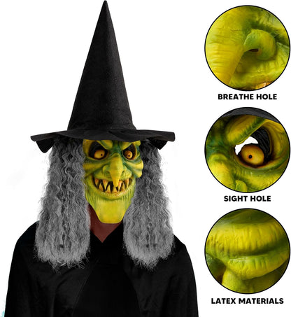 Spooktacular Creations Halloween Scary Witch Mask, Creepy Latex Monster Face Mask with Black Hat Hair for Adult Halloween Horror Evil Cosplay Costume Accessories, Realistic Party Dress Up Prop