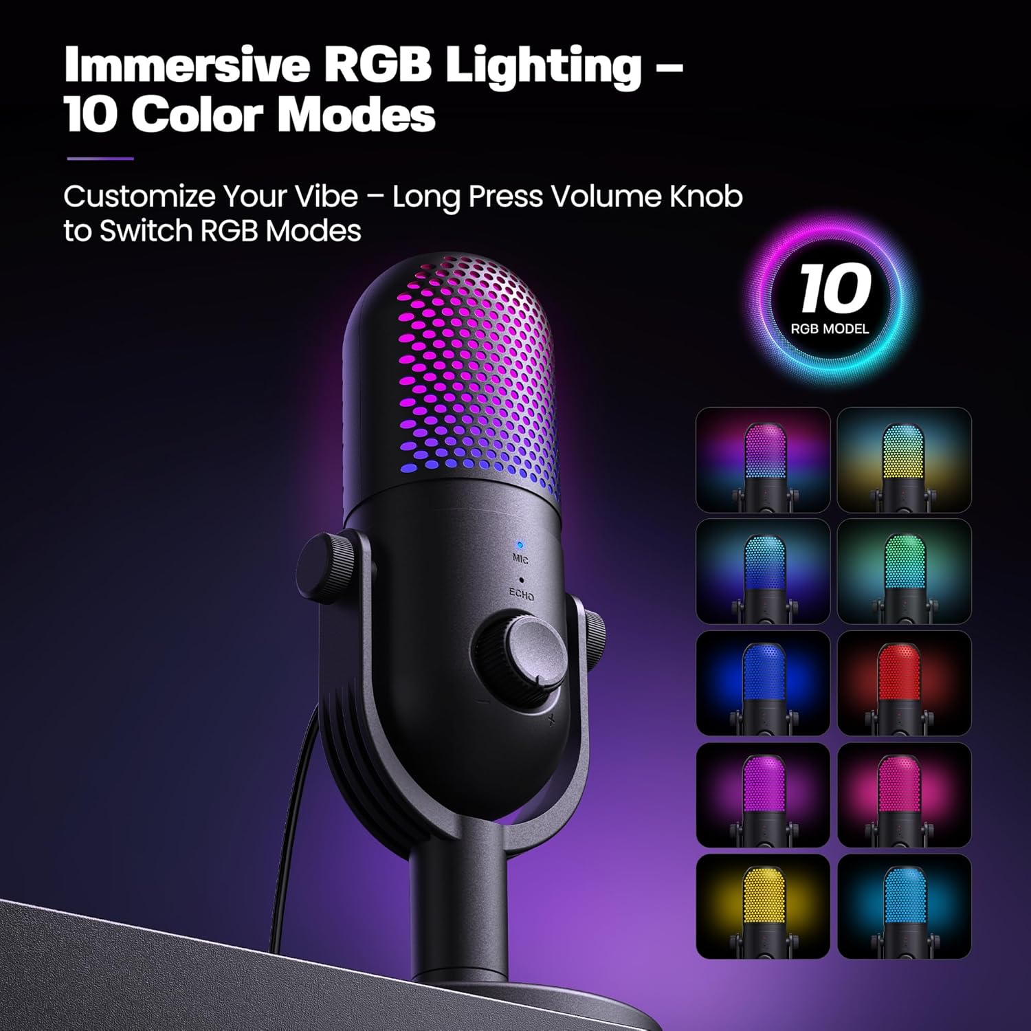 USB Condenser Microphone for PC & Laptop – RGB Streaming Mic with Stand, Quick Mute, Noise Reduction, Adjustable Reverb for Podcasting, Gaming, Singing & YouTube Recording - PuriLite