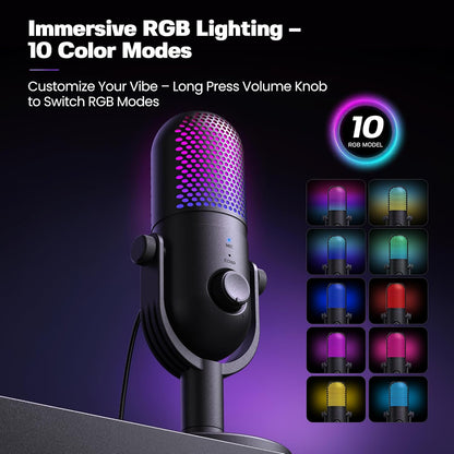 USB Condenser Microphone for PC & Laptop – RGB Streaming Mic with Stand, Quick Mute, Noise Reduction, Adjustable Reverb for Podcasting, Gaming, Singing & YouTube Recording - PuriLite